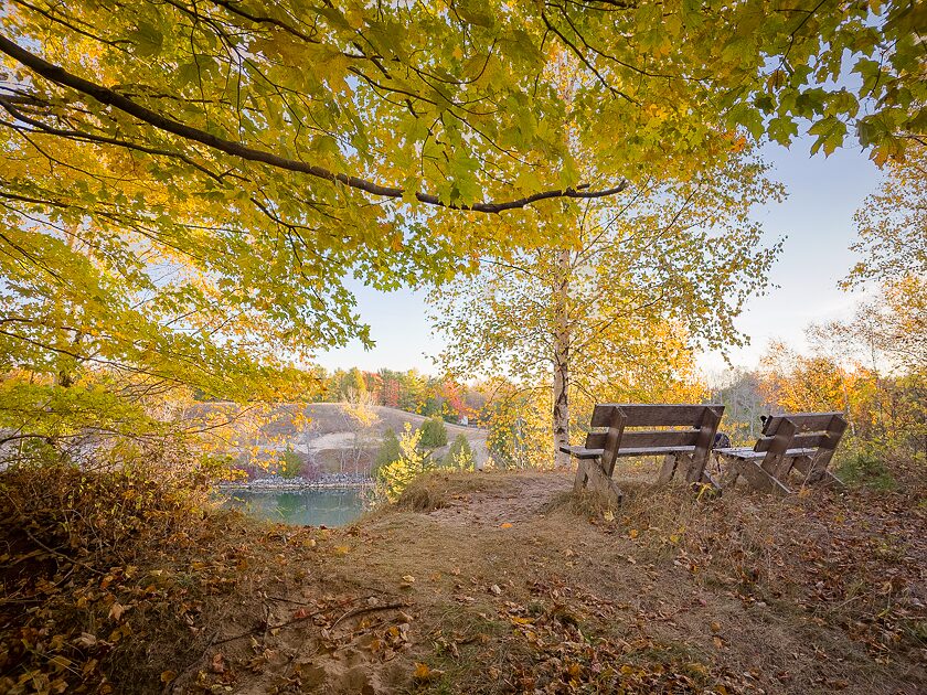 Two benches on a large sand dune overlooking the ship canal, framed by golden autumn leaves