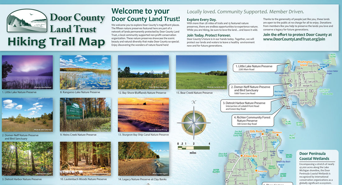 The unfolded Door County Land Trust hiking trail map showing preserve photos and a map of the peninsula