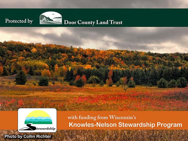 Campaign graphic: autumn color sweeping across a meadow and wooded ridge, labeled 'Protected by Door County Land Trust with funding from Wisconsin's Knowles-Nelson Stewardship Program.' Photo by Collin Richter