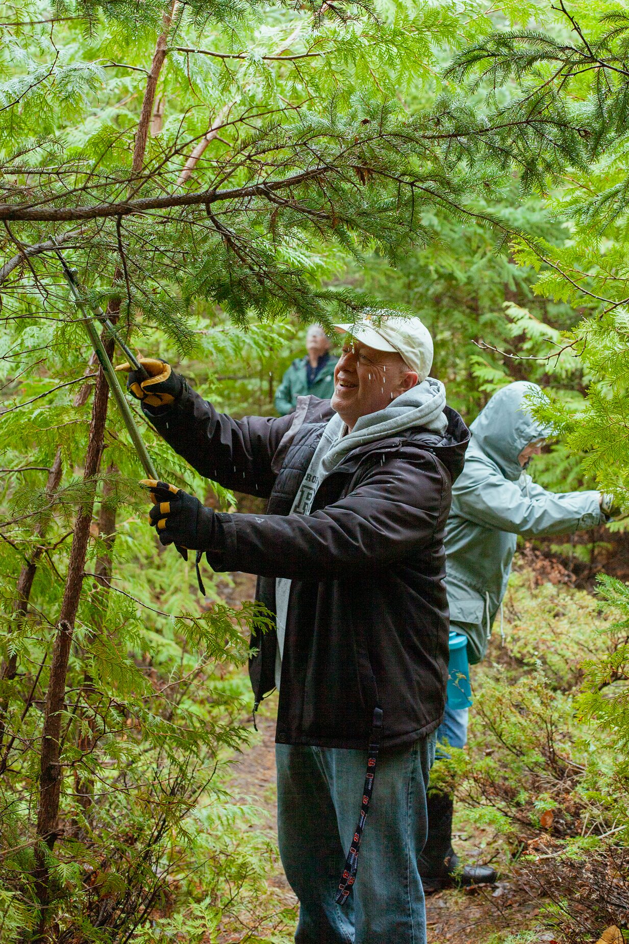 Two volunteers in rain gear pruning brush along a wooded trail at an Anderson Pond spring workday